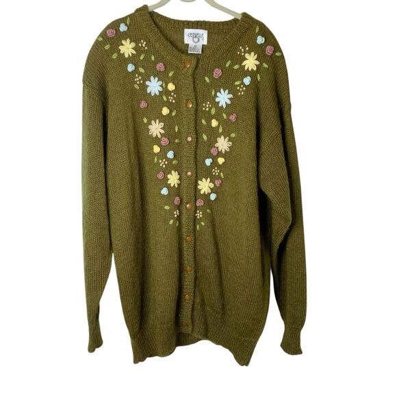 Vintage Cervelle Embroidered Wool Blend Button Up Cardigan Cottagecore Olive XL - Picture 7 of 13